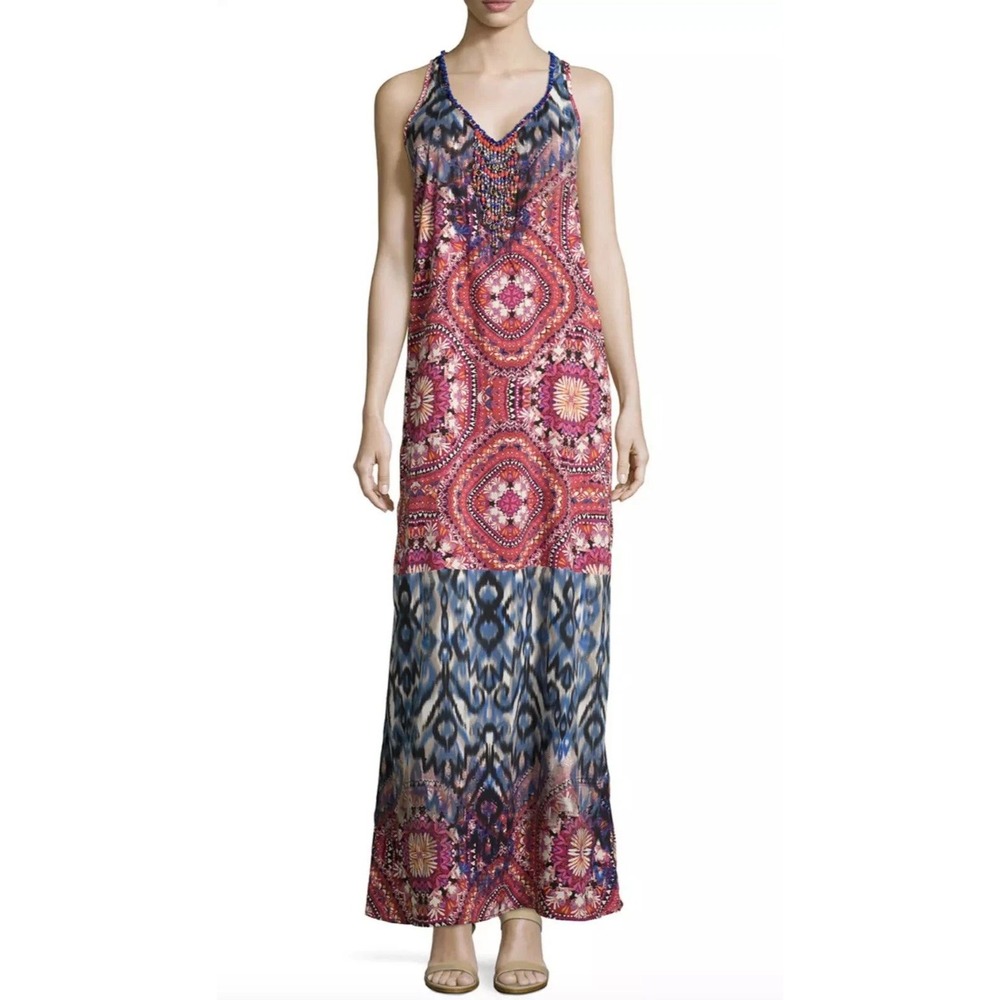 Alberto Makali Beaded Multicolor Boho Art to Wear Hippie Maxi Dress Large NWT